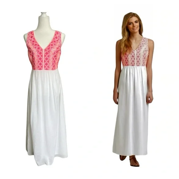 Vineyard Vines | Dresses | Vineyard Vines Embroidered Bodice Maxi Dress 4  Neonpink Orange White Aztec Print | Poshmark